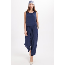 Tudors Kadın Standart Fit Normal Kesim Likralı Bisiklet Yaka Bluz Geniş Paça Lacivert Pantolon Takım-50958