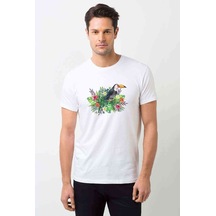 Sulu Boya American Papağanı Baskılı Beyaz Erkek Tshirt