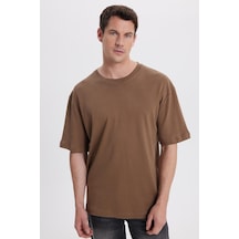 Tudors Unisex Oversize Geniş Kesim %100 Pamuk Yumuşak Dokulu Basic Bisiklet Yaka Kahverengi Tişört-35181 Kahverengi