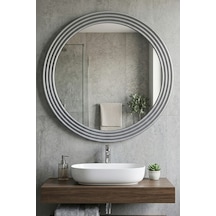 Zümrüt Ahşap Gümüş Yuvarlak Ayna Işlemeli Duvar Banyo Aynası 56cm Gümüş