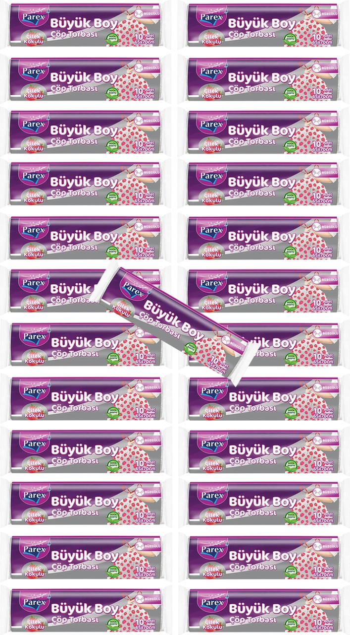 Premium 10'lu Büzgülü Çöp Torbası Çilek Kokulu Büyük Boy 65 X 70 Cm 25 Paket
