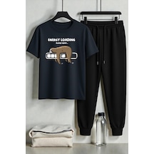 Uyguntarz Unisex Energy Loading Tasarım Baskılı Tişört - 2'li Eşofman Takımı Lacivert