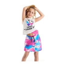 Denokids Mushi Kalp Batik Kız T-Shirt Etek Takım Çok Renkli