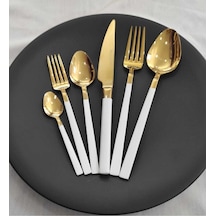 6 Parça Tek Kişilik Stayle Beyaz Titanyum Gold Çatal  Kaşık Bıçak Set Gold