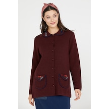 Bebe Yaka Nakışlı Kadın Triko Ceket - Bordo 001