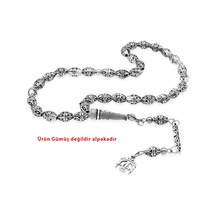 Tesbihname Tasarım Kalem İşçilikli Çift Başlı Kartal Püsküllü Arpa Kesim Oksitli Gümüş Renk Alpaka Tesbih