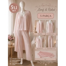 İmaj 5 Parça Pijama Takımı Dantel Detaylı Sabahlık Atlet Şal Seti Açık Pembe - Pudra