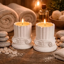Antik Roma Sütun Tealight Mumluk Seti, Beyaz, Taş Tozu, 10 Cm, Vintage Stil, 2'li Set Çok Renkli