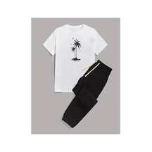 Medinenur Palmiye Baskılı T-shirt Eşofman Altı Jogger Rahat Kalıp Siyah Eşofman Takım Beyaz