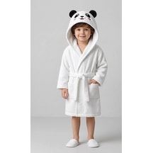 Hızlı Kurulayan Ve Üşütmeyen Doğal Pamuklu Kapüşonlu Çocuk Bornozu Sevimli Panda Serisi Beyaz