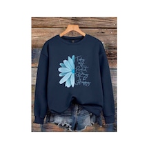 Herkesemoda Yarım Çiçek Baskılı 2 İplik Şardonlu Bisiklet Yaka Sweatshirt Lacivert