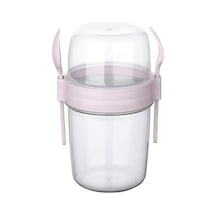1100 Ml Çift Hazneli Çatal Kaşıklı Müsli Yulaf Diyet Atıştırmalık Yemek Taşıma Saklama Kabı - Pembe