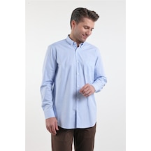 İmza Beyaz - Mavi Düğmeli Yaka Uzun Kol Cepli Comfort Fit Pamuk Gömlek 1004260175 XL