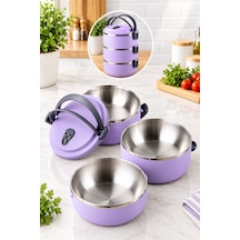 3 Katlı Yeni Nesil Sefer Tası Lunch Box Beslenme Kabı Paslanmaz Çelik 1800 Ml Lila