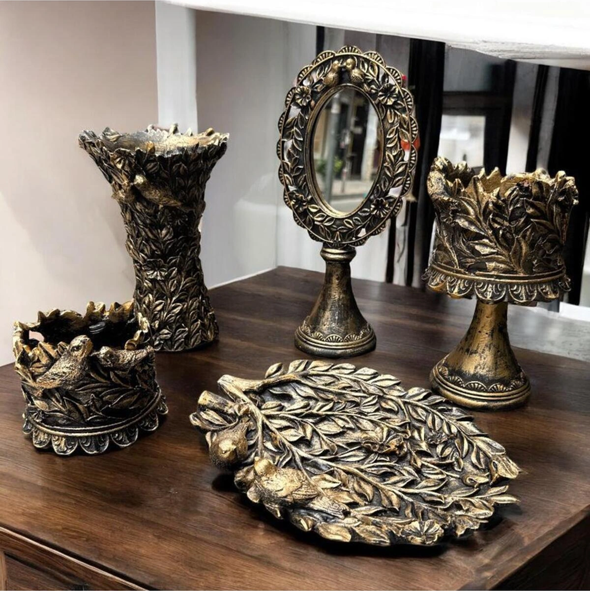 Dekoratif Polyester Kuşlu Beşli Salon Konsol Seti Gold Eskitme