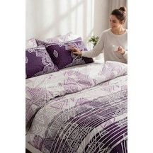Çift Kişilik Nevresim Seti 200x220 Cm %100 Pamuk Mürdüm Geometrik Desenli Modern Tasarım