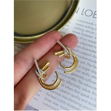 Pinery Jewels Zirkon Taşlı C Sallantılı Altın Kaplama Kadın Küpe Çifti Altın