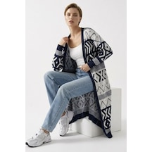 Neden Tekstil Kadın Oversize Triko Uzun Hırka Geometrik Desen - Beyaz-laci