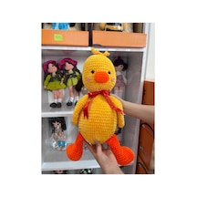 Sarı Ördek Amigurumi, Fiyonklu El Yapımı Örgü Oyuncak, Yenidoğan Ve Bebek Hediyelik 50cm Kırmızı