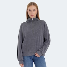Slazenger VIEWER Oversize Kadın Dik Yaka Fermuarlı Koyu Gri Sweatshirt