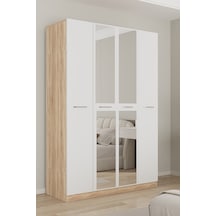 Aeka Ae-3191 Burç Aynalı 4 Kapaklı Çok Bölmeli Askılı Raflı Ve Çekmeceli 210x140x53cm Gardırop Sonoma - Beyaz