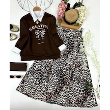 Lovie Moda Kadın Leopar Desenli Etekli Takım Kahverengi