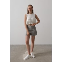 Efnaz Style Saten Kolsuz Belki Lastikli Bluz - Ekru