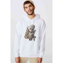 I Am Groot Brush Baskılı Beyaz Erkek Örme Kapşonlu Sweatshirt