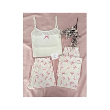 Mh Moony Homewears Pemboli Kurdele 3'lü Yumuşacık Pijama Takımı Ekru Pembe