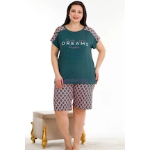 Yeşil Renk Ve Çiçek Desenli Lady 10388 Büyük Beden Şortlu Pijama Takımı Koyu Yeşil