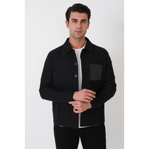 Comfort Fit Gömlek Yakalı Deri Cep Detaylı Fitilli Pamuk Dokumalı Siyah Gömlek Ceket C 733