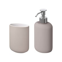 2 Li Banyo Seti Ekoln Sıvı Sabunluk Diş Fırçalık Bej Renk Stoneware Bej