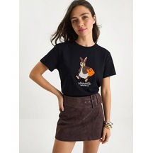 Shade Kadın Rabbit Nakışlı İşlemeli Bisiklet Yaka Basic T-shirt 7532 60283953 - Siyah