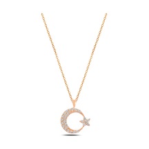 Çekirdekjewelry 925 Ayar Gümüş Rose Kaplama Zirkon Taşlı Ay Yıldız Kolye Parlak Ve Şık Tasarım Pembe