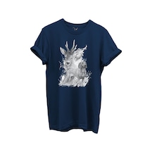 Geyik Ve Av Köpeği Çizim Baskılı %100 Pamuk Regular Fit Bisiklet Yaka Unisex T-shirt Lacivert