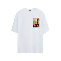 Thewert Unisex Ateş Metni Çizgi Roman Baskılı Beyaz Oversize Tshirt
