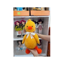 Sarı Ördek Amigurumi, Fiyonklu El Yapımı Örgü Oyuncak, Yenidoğan Ve Bebek Hediyelik 50cm Beyaz