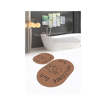 Buççin Online Mağaza Dijital Baskılı Kaymaz Yıkanabilir Welcome Oval Banyo Takımı Klozet Takımı Polyester Kahverengi Çok Renkli