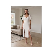 Gül&can Butik Kadın Beyaz Kalp Yaka Balon Kol Çift Yırtmaçlı Kemerli Midi Elbise / Nikah & Söz Elbisesi Beyaz