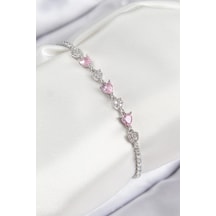 Pirinç Zirkon Taşlı Pembe Kalp Model Gümüş Renk Kadın Bileklik - Tj-bb7698 Çok Renkli