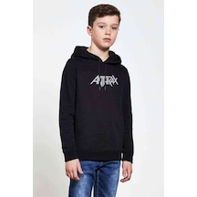 Tshirthane Anthrax Logo Baskılı Unisex Çocuk Kapüşonlu Siyah Sweatshirt Siyah
