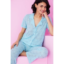 Siyah İnci Pointel Ajurlu/delikli Gömlek Yaka Örme Düğmeli Pijama Takım mavi