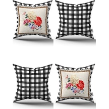Siyah Beyaz Kareli Çiçek Desenli 4'lü Dijital Baskılı Kırlent Kılıfı Seti 4kmbs270 Siyah