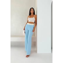 Gugus Kadın Gofre Beli Güpür Lastikli Wide Lege Yazlık Pantolon Mavi