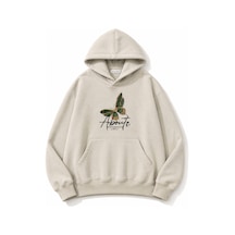 Herkesemoda Yeşil Kelebek Baskılı Kapüşonlu 2 İplik Şardonlu Sweatshirt Bej