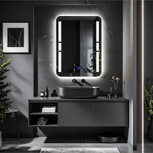 Drayno Beyaz Led'li Lazer Kumlamalı Lavabo & Banyo Aynası Dokunmatik Sensörlü 80 X 60
