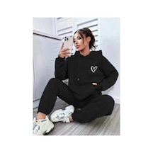Tarzsokak Siyah Kalp Dijital Baskılı Kışlık Unisex Eşofman Takımı