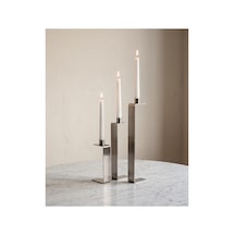 Dizör Şamdan 3'lü Set 304 Paslanmaz Çelik, Fırçalı, Tek Şerit Büküm Mumluk 15 / 25 / 35 Cm Gümüş