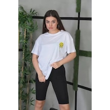 De'charme Unisex Bisiklet Yaka Baskılı Oversize T-shirt - Beyaz