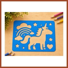 Bezos 3d Baskı Unicorn Ve Gökkuşağı Çizim Şablonu - Desen Kalıbı - Mavi Pro